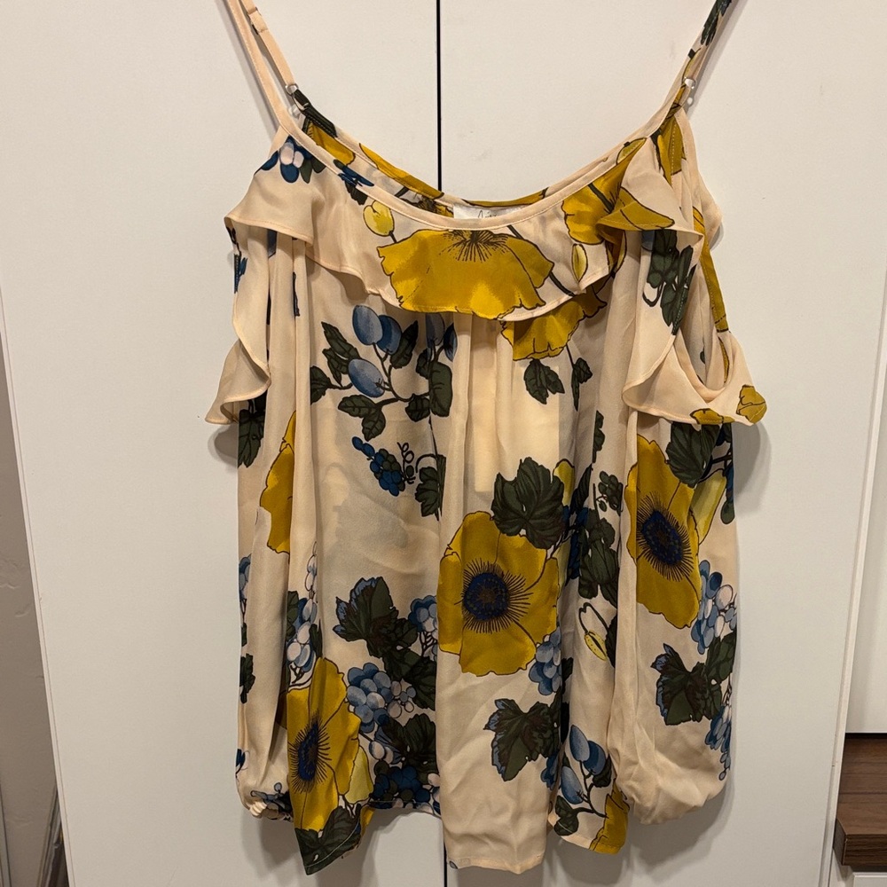 Silk Floral Ruffle Camisole Top with Sleeves - M
